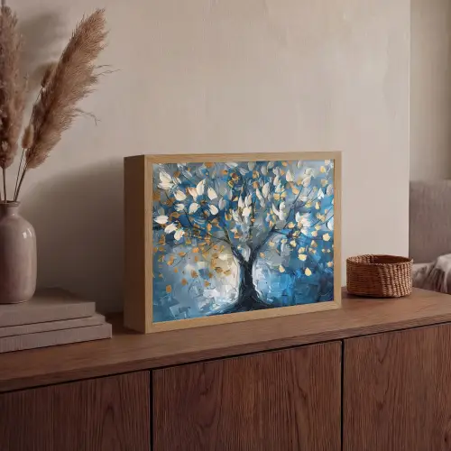 Boom - Blauw - Goud - Abstract Light Box met batterij (Wandlamp) middel -sfeer2