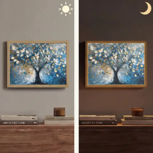 Boom - Blauw - Goud - Abstract Light Box met batterij (Wandlamp) middel -sfeer3