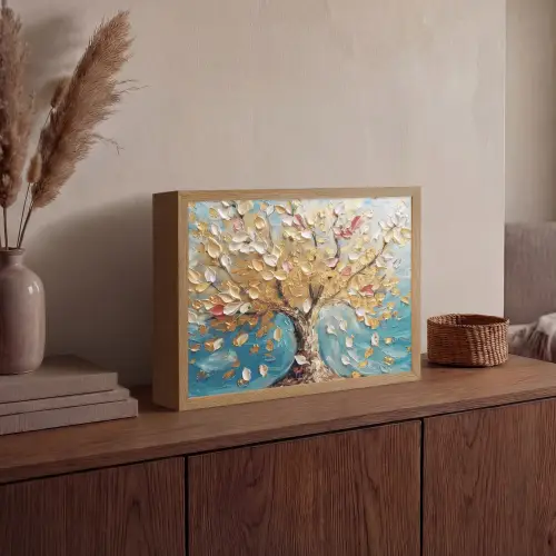 Boom - Blauw - Goud - Abstract - Modern Light Box met batterij (Wandlamp) middel -sfeer2