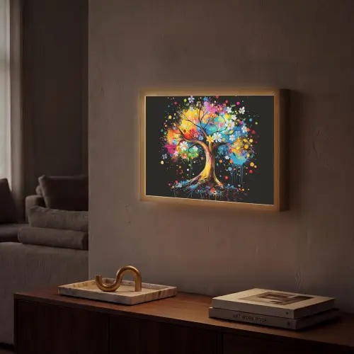 Boom - Kleurrijk - Bloemen - Zwart Light Box met batterij (Wandlamp) middel -sfeer1