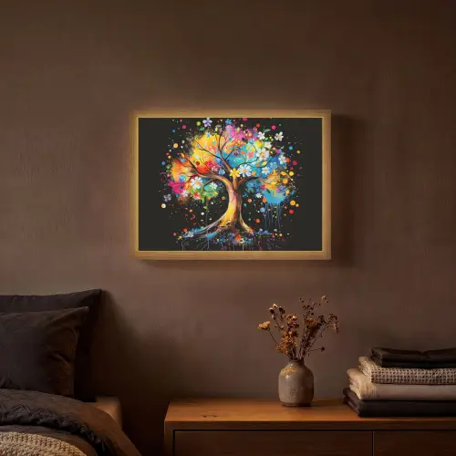 Boom - Kleurrijk - Bloemen - Zwart Light Box met batterij (Wandlamp) middel -sfeer4