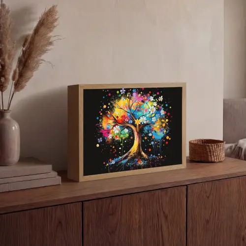 Boom - Kleurrijk - Bloemen - Zwart Light Box met batterij (Wandlamp) middel -sfeer2