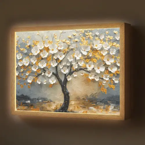 Boom - Bloemen - Goud - Beige Light Box met batterij (Wandlamp) middel -z3d_website