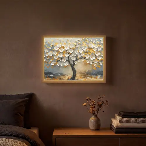 Boom - Bloemen - Goud - Beige Light Box met batterij (Wandlamp) middel -sfeer4