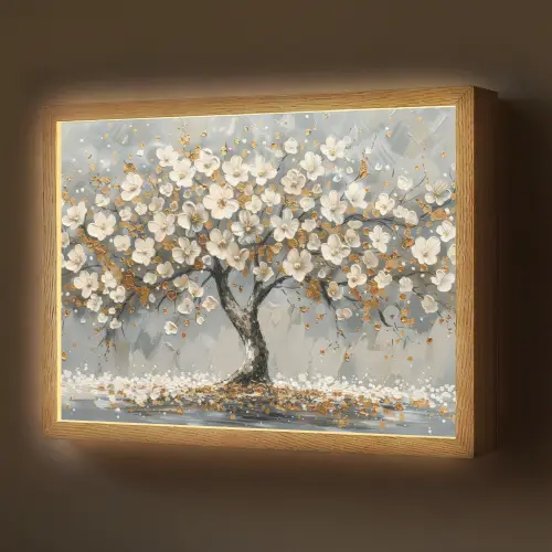 Boom - Goud - Bloemen - Abstract - Kunst Light Box met batterij (Wandlamp) middel -z3d_website