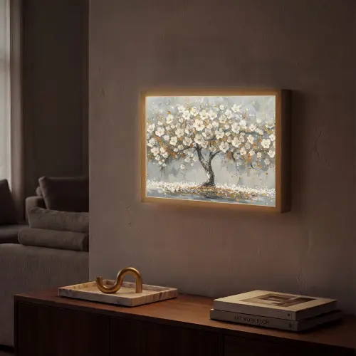 Boom - Goud - Bloemen - Abstract - Kunst Light Box met batterij (Wandlamp) middel -sfeer1
