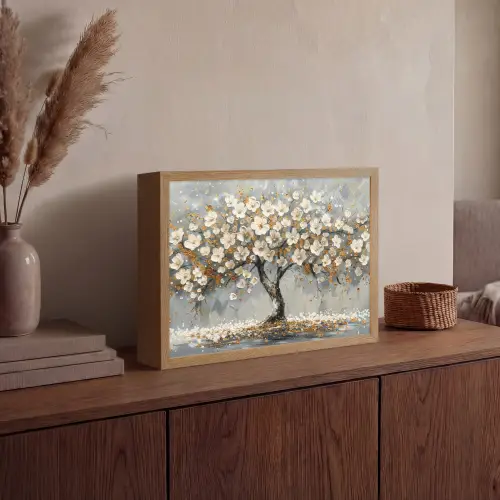 Boom - Goud - Bloemen - Abstract - Kunst Light Box met batterij (Wandlamp) middel -sfeer2