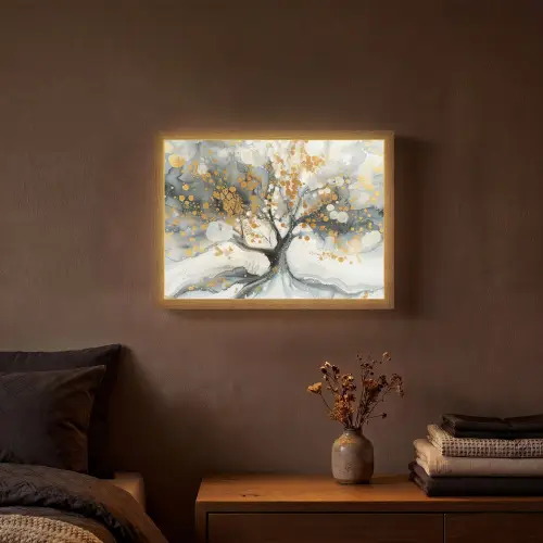 Boom - Modern - Abstract - Goud - Zwart - Wit Light Box met batterij (Wandlamp) middel -sfeer4