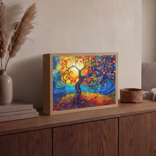 Boom - Zon - Verflook - Kleuren - Abstract Light Box met batterij (Wandlamp) middel -sfeer2