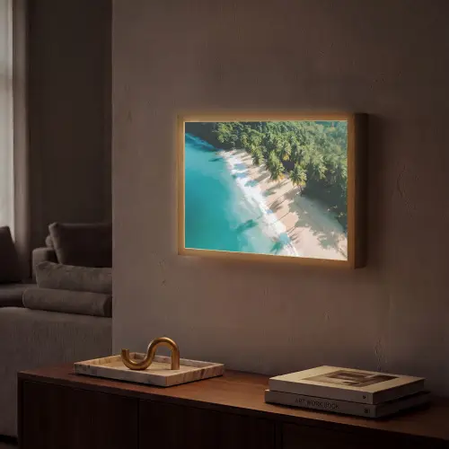 Tropisch - Strand - Water - Palmbomen Light Box met batterij (Wandlamp) middel -sfeer1