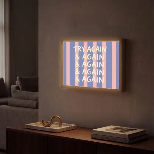 Try again - Strepen - Roze - Verticaal - Blauw Light Box met batterij (Wandlamp) middel -sfeer1