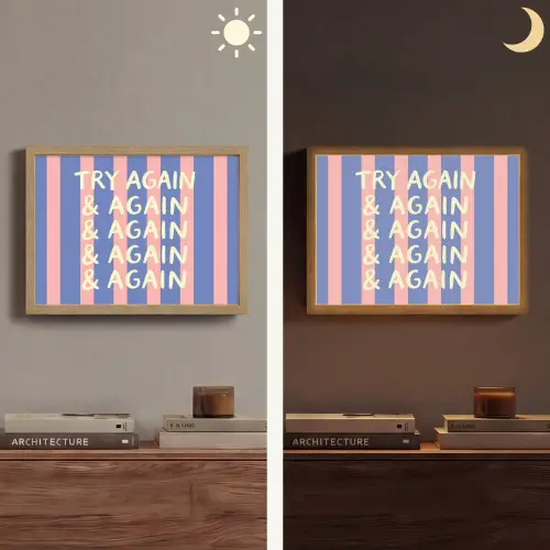 Try again - Strepen - Roze - Verticaal - Blauw Light Box met batterij (Wandlamp) middel -sfeer3
