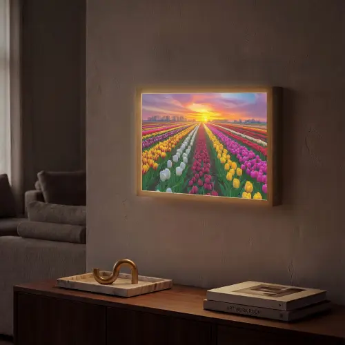 Tulpenveld - Zonsondergang - Kleurrijk Light Box met batterij (Wandlamp) middel -sfeer1