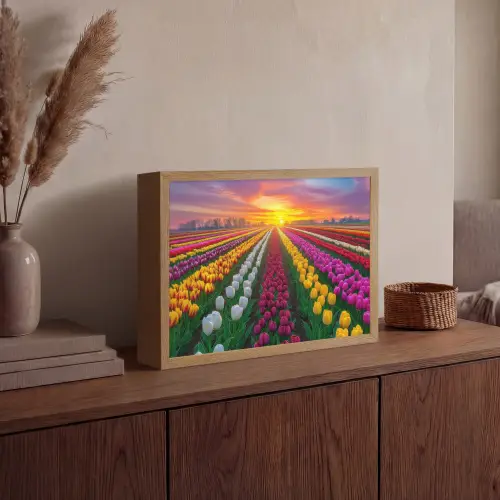 Tulpenveld - Zonsondergang - Kleurrijk Light Box met batterij (Wandlamp) middel -sfeer2