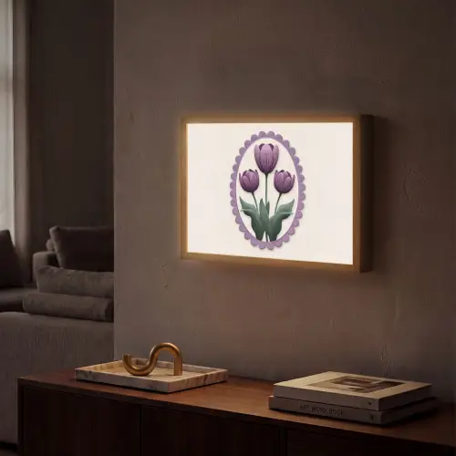 Tulpen - Paars - Lijst - Bladeren Light Box met batterij (Wandlamp) middel -sfeer1