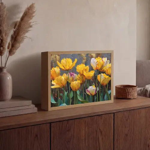 Tulpen - Geel - Penseelstreken - Abstract Light Box met batterij (Wandlamp) middel -sfeer2
