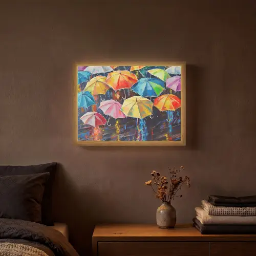 Paraplu's - Schilderij - Kunst - Regenboog Light Box met batterij (Wandlamp) middel -sfeer4