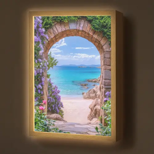 Doorkijk - Poort - Zee - Strand - Rotsen Light Box met batterij (Wandlamp) middel -z3d_website