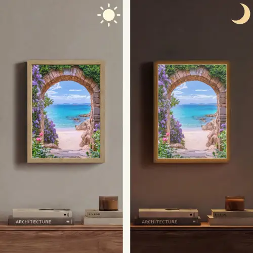 Doorkijk - Poort - Zee - Strand - Rotsen Light Box met batterij (Wandlamp) middel -sfeer3