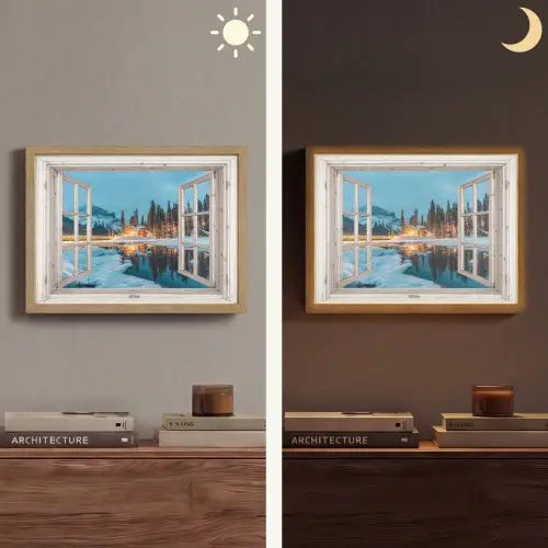 Doorkijk - Winterlandschap - Natuur - Huis - Bergen Light Box met batterij (Wandlamp) middel -sfeer3