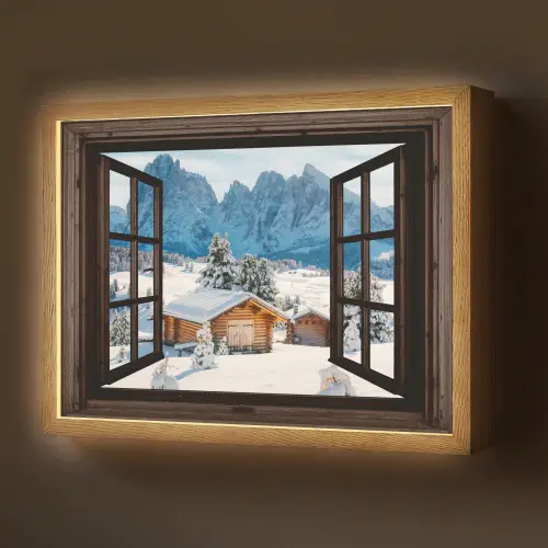 Doorkijk - Winter - Landschap - Huisje - Bergen Light Box met batterij (Wandlamp) middel -z3d_website