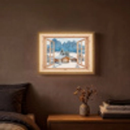 Doorkijk - Winterlandschap - Huisje - Bergen - Uitzicht Light Box met batterij (Wandlamp) middel -sfeer4