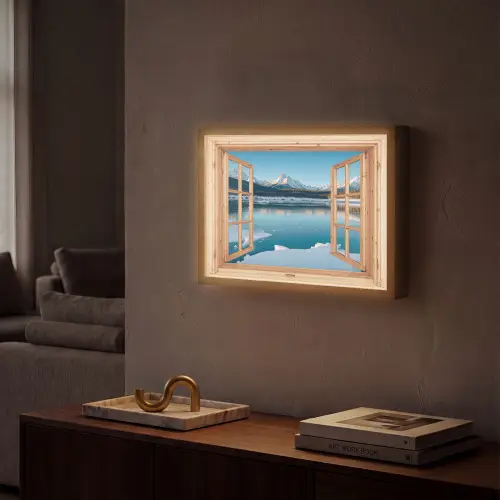 Doorkijk - Landschap - Winter - Meer - Bergen - Uitzicht Light Box met batterij (Wandlamp) middel -sfeer1