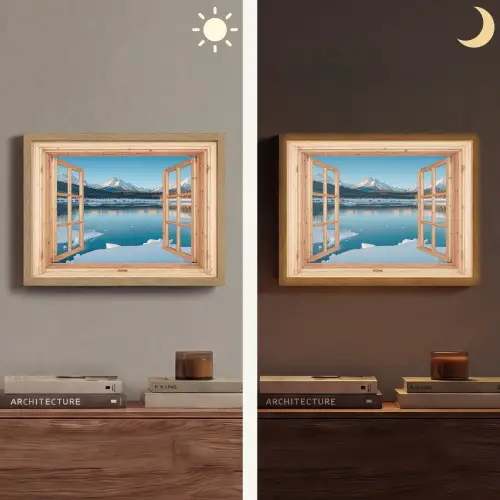 Doorkijk - Landschap - Winter - Meer - Bergen - Uitzicht Light Box met batterij (Wandlamp) middel -sfeer3