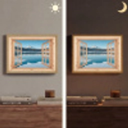 Doorkijk - Landschap - Winter - Meer - Bergen - Uitzicht Light Box met batterij (Wandlamp) middel -sfeer3