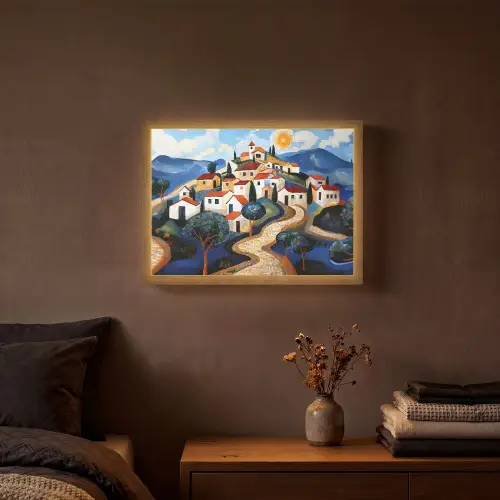 Dorp - Heuvelachtig - Zon - Mozaïek Light Box met batterij (Wandlamp) middel -sfeer4