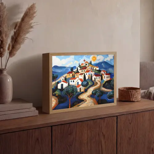 Dorp - Heuvelachtig - Zon - Mozaïek Light Box met batterij (Wandlamp) middel -sfeer2