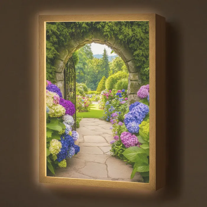 Doorkijk - Poort - Hortensia - Bloementuin Light Box met batterij (Wandlamp) middel -z3d_website