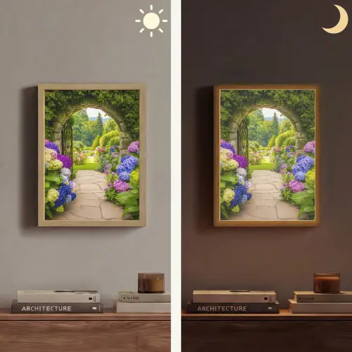 Doorkijk - Poort - Hortensia - Bloementuin Light Box met batterij (Wandlamp) middel -sfeer3