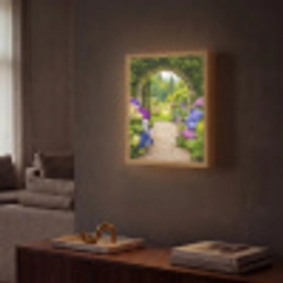 Doorkijk - Poort - Hortensia - Bloementuin Light Box met batterij (Wandlamp) middel -sfeer1