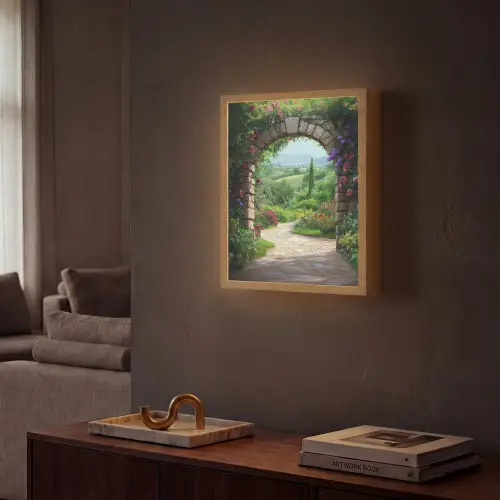 Doorkijk - Landschap - Bloemen - Pad - Uitzicht Light Box met batterij (Wandlamp) middel -sfeer1