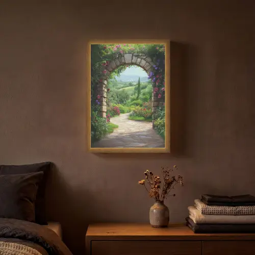 Doorkijk - Landschap - Bloemen - Pad - Uitzicht Light Box met batterij (Wandlamp) middel -sfeer4