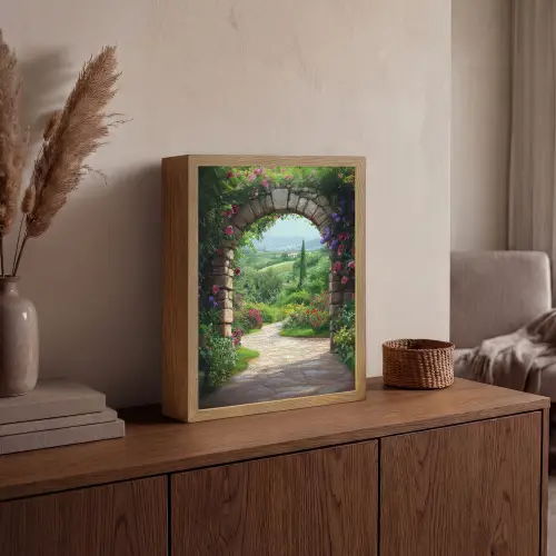 Doorkijk - Landschap - Bloemen - Pad - Uitzicht Light Box met batterij (Wandlamp) middel -sfeer2