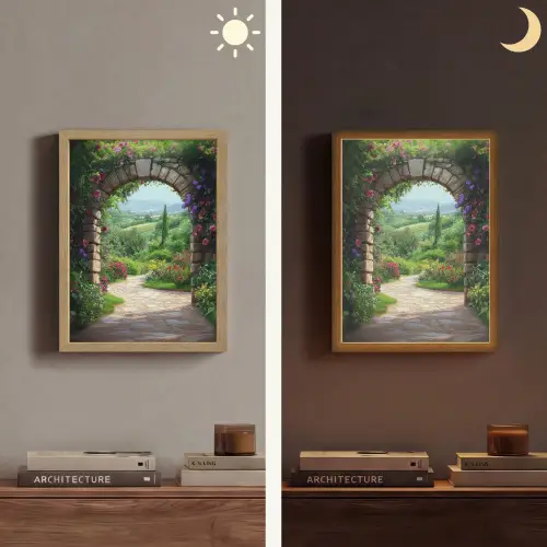 Doorkijk - Landschap - Bloemen - Pad - Uitzicht Light Box met batterij (Wandlamp) middel -sfeer3