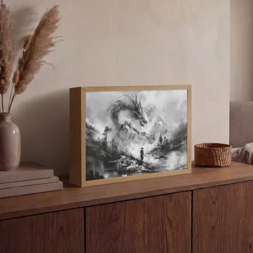 Krijger - Draak - Grijs Light Box met batterij (Wandlamp) middel -sfeer2