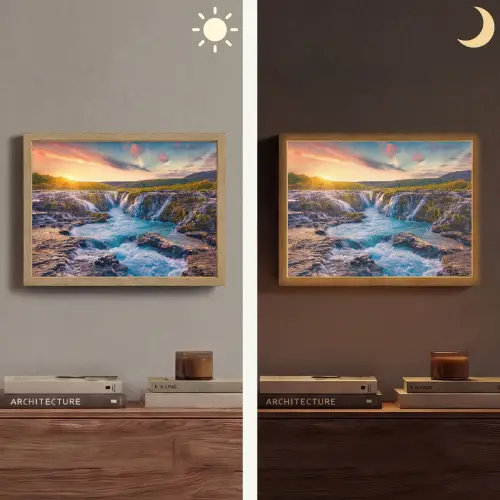 Waterval - Planten - Mos - Landschap - Zonsondergang - Rots Light Box met batterij (Wandlamp) middel -sfeer3
