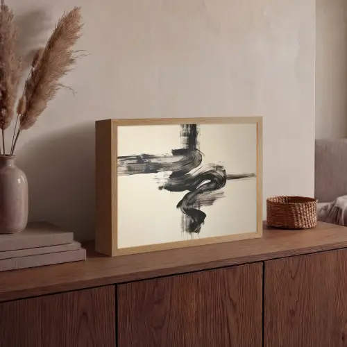 Golven - Penseelstreken - Beige - Minimalistisch Light Box met batterij (Wandlamp) middel -sfeer2