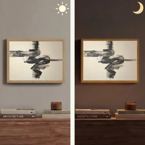 Golven - Penseelstreken - Beige - Minimalistisch Light Box met batterij (Wandlamp) middel -sfeer3