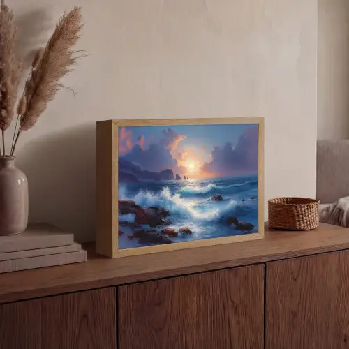 Golven - Zee - Kleurrijk - Rotsen Light Box met batterij (Wandlamp) middel -sfeer2
