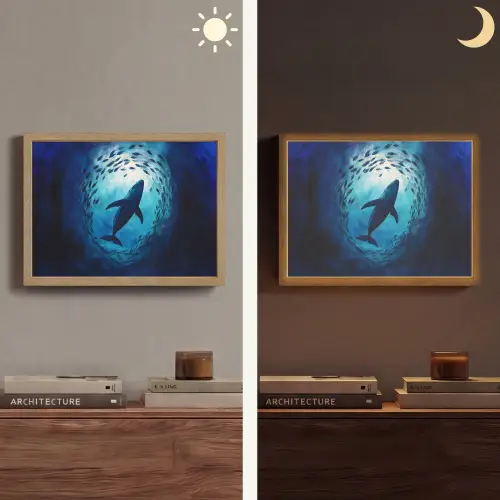 Walvis - Vissen - Donkerblauw Light Box met batterij (Wandlamp) middel -sfeer3