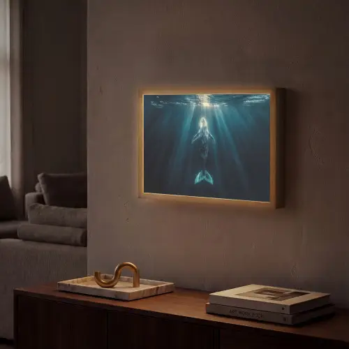 Walvis - Water - Zonnestralen - Blauw Light Box met batterij (Wandlamp) middel -sfeer1