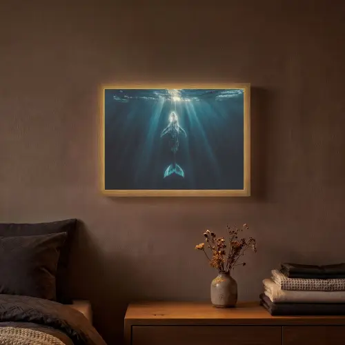 Walvis - Water - Zonnestralen - Blauw Light Box met batterij (Wandlamp) middel -sfeer4