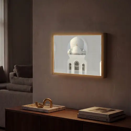 Witte koepel - Gouden Details - Moskee Light Box met batterij (Wandlamp) middel -sfeer1