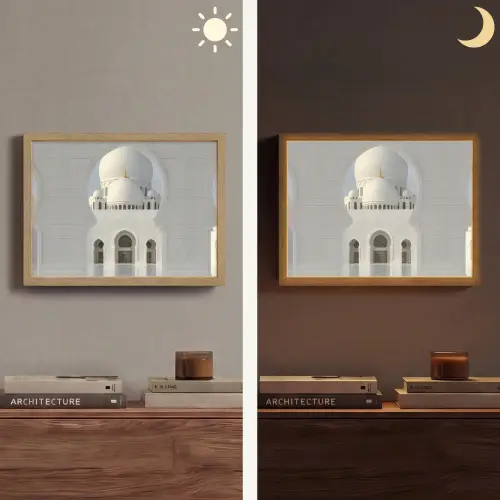 Witte koepel - Gouden Details - Moskee Light Box met batterij (Wandlamp) middel -sfeer3