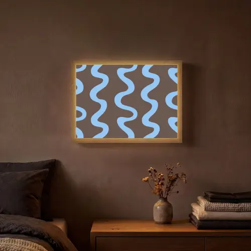 Kronkelende lijnen - Blauw - Bruin - Minimalistisch Light Box met batterij (Wandlamp) middel 907 -sfeer4