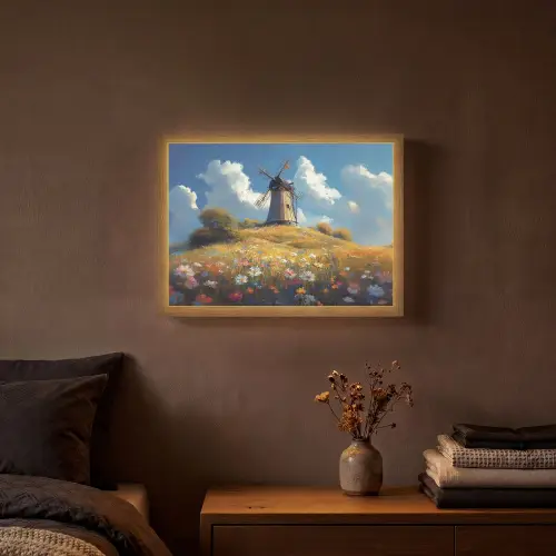 Windmolen - Heuvel - Bloemen - Kleurrijk Light Box met batterij (Wandlamp) middel -sfeer4